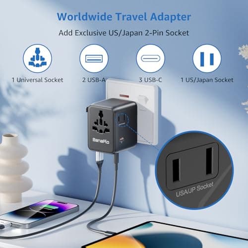 Universal Travel Adapter Plug with 5 USB Ports, Travel Plug with 3 Type-C and 2 USB-A, 70W PD Fast Charging International Power Adapter, All-in-One Worldwide Travel Plug for UK US EU AUS Asia — view 3