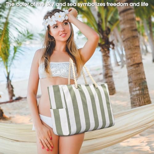 oscaurt Large Beach Bag Stripe Women's Tote with Zip Waterproof Beach Bags for Women Handbags for Pool Shopping Picnic Holiday Essentials — view 3