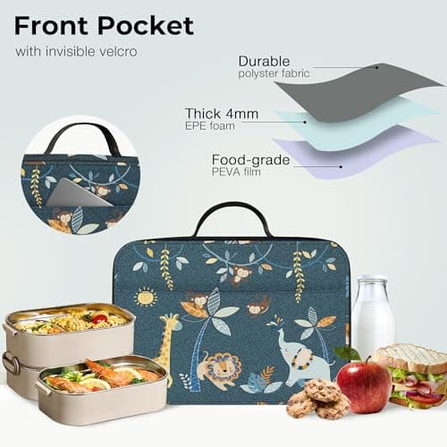 Clastyle Forest Animal Insulated Kids Lunch Bag Leaf Large Thermal Cooler Bag for Boy Picnic School Toddler Lunch Box Tote,Black — view 5