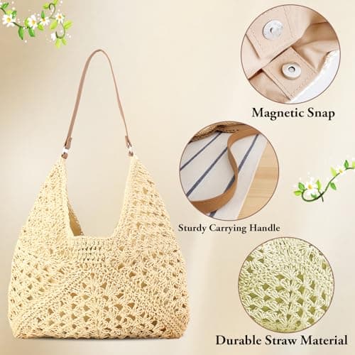 Bototack Straw Beach Bag For Women, Large Straw Bags Weave Handmade Handle Tote Bag, Bohemian Summer Straw Shoulder Bag Handbags for Travel Holiday Shopping (Beige) — view 5