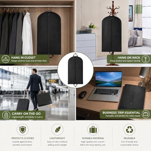 Yelinosk 2 PCS Black Suit Bag for Man 60x120cm, Dust Cover, Carrier, Storage Bag for Coats, Tuxedo - Reusable Full Zipper Garment Bag for Travel or Home — view 6