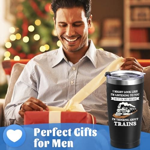 Livole Train Gifts for Men, Him, Dad, Christmas Gifts for Train Enthusiasts, Novelty Mens Present for Birthday, In My Head I'm Thinking about Trains, 20oz 600ml Double Walled Travel Coffee Tumbler Mug — view 5