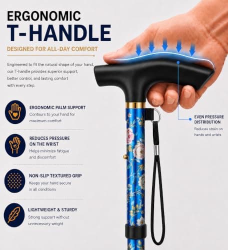 HATAF Folding walking sticks for Women and Men (Blue Flower) — view 3