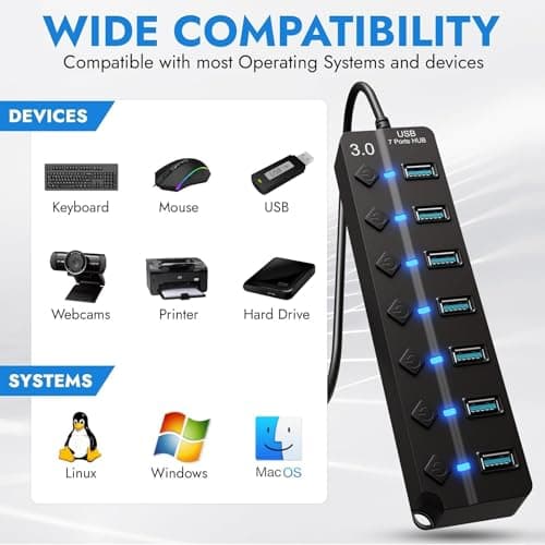 7-Port USB Hub 3.0 – Multi USB Port Hub with Individual Switches and Lights – USB Multiport Adapter Splitter – High-Speed USB Hub Extender for PC, Laptop, Macbook, Flash Drives, Mobile HDD — view 5