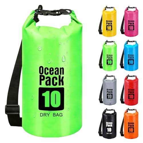 RONGZUBAT 10L Waterproof Dry Bag with Shoulder Strap, Roll Top Dry Sack for Towels and Clothes, Waterproof Bag for Kayaking, Paddle Boarding, Boating, Beach, Camping and Travel - Green