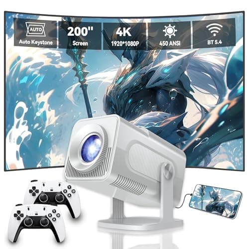 Mini Projector 4K With 2 Wireless Controller, 1920 * 1080p Home Bedroom Cinema Built-in 30000 Games, 200” Protable Smart Video Projector Support IOS/Android/Windows, Auto Keystone, WiFi 6 and BT 5.4