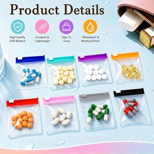 Pill Pouch Bags for Travel – Multi Colour EVA Reusable Medicine Organiser Pouches with Slide Lock and Waterproof Label Stickers for Tablets, Vitamins and Small Storage Items — view 3