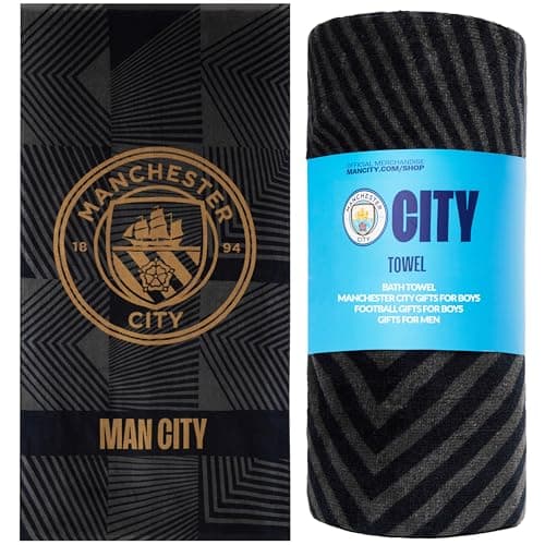 MANCHESTER CITY F.C. Bath Towel for Men Women Teens Boys 100% Cotton Quick Dry Football Crest Beach Towel Swim Gym Holiday Shower Supporters' Gear 137 x 69cm (Black, 137x68.5cm)