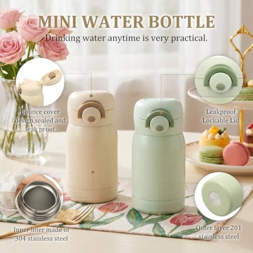 2PCS Small Insulated Water Bottle 200ml Mini Flask with Push-Button Lid, Leakproof Stainless Steel Vacuum Travel Cup for Coffee, Milk, School, Office & Handbag (Light Green/Beige) — view 5