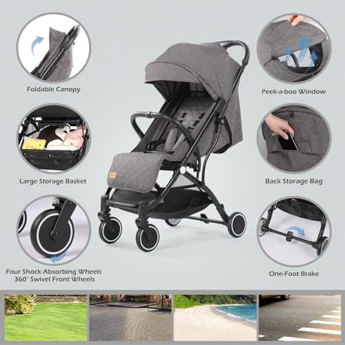 Hello-5ive Lightweight Travel Stroller Compact Baby Pushchair with Adjustable Seat, Mosquito Net, Rain Cover, One-Hand Folding Buggy with 5-Point Harness for Toddlers from Birth to 15kg (Dark Grey) — view 5
