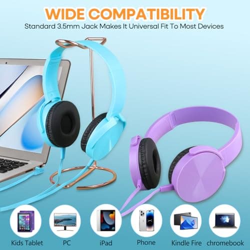 Wensdo 6 Pack Kids Headphones Bulk for School Classroom Students Wired Headsets, Durable Earphones for Children, Library Airplane Online Learning and Travel (6 Mixed Colors) — view 6