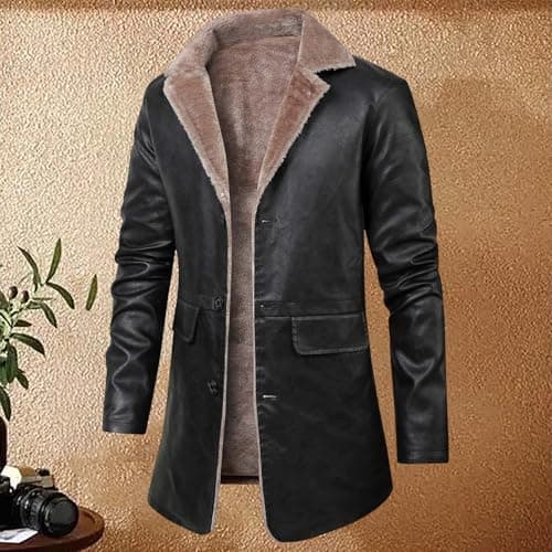 DASONLUE Men's Leather Jacket Winter Turn-Down Collar Fleece Jackets Plain Parka Jacket with Fleece Lined Slim Fit Winter Jackets Faux Leather Thermal Jacket with Buttons, black, L — view 2
