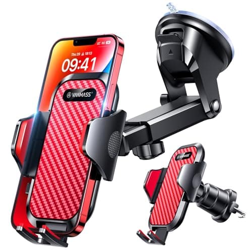 VANMASS 2026 BEST Car Phone Holder [Upgraded Suction&Clip] Military-Grade Rotatable Universal Mobile Mount for Dashboard Windscreen Vent, Van Stand Cradle for iPhone 17 16 15 Samsung,Red