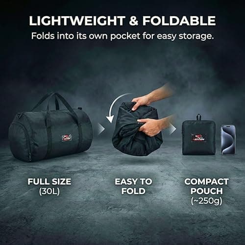 Gym Bag with Shoe Compartment - 30L Foldable Sports Holdall for Men & Women - Lightweight Barrel Duffle Packs Into Internal Zip Pouch - Ideal for Travel, Gym & Weekend Trips (Black) — view 3