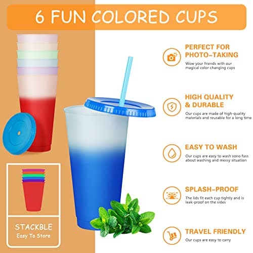 AUAUY Reusable Color Changing Cup, 6 Pack BPA Free Plastic Tumbler Set, 24oz Travel Iced Coffee Mug Tumbler with Straw Lid, Smoothie Milkshake Bottle Magic Cold Drink Water Cups for Party Kid Aldult — view 4