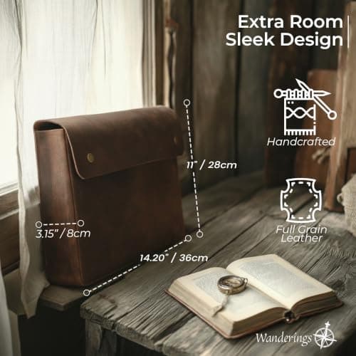 WANDERINGS Genuine Full Grain Leather Folder with Removable Strap - Handcrafted Folio Document Organizer - Leather Document Holder - Fits 15" 14" 13" Tablets and Laptops — view 5