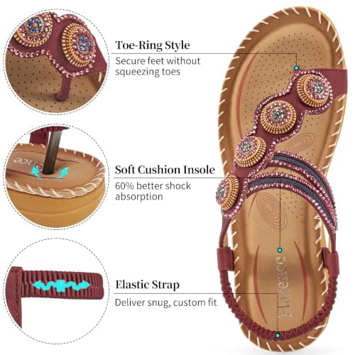 HARENCE Flat Sandals for Women Comfortable: Dressy Summer Bohemian Beaded Toe Ring Shoes - Zero Foot Pain for Casual Walking, Wine Red, 4 UK — view 4