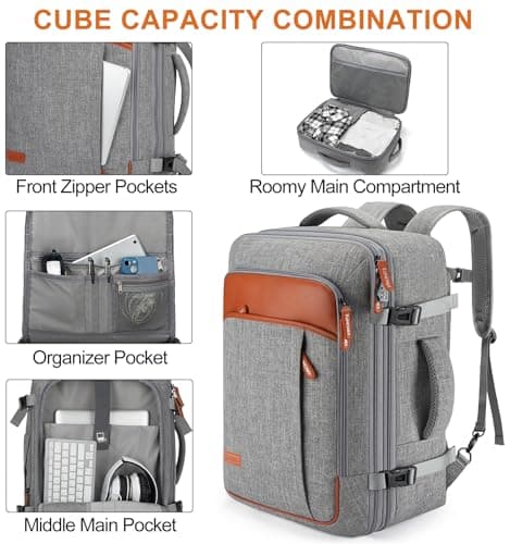 Carry on Backpack, Extra Large 40L Flight Approved Travel Backpack for Men & Women,Expandable Large Suitcase Backpacks With 4 Packing Cubes,Water Resistant Luggage Daypack Business Weekender Bag,Grey — view 4