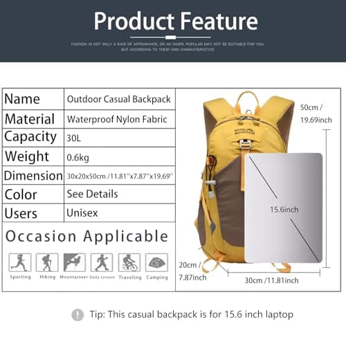 Lightweight Hiking Backpack, 30L Women/Men Waterproof Travel Rucksack Bag with Rain Cover, Outdoor Small Foldable Daypack for Student, Fit for 15.6 inch Laptop (Yellow, 30L) — view 2