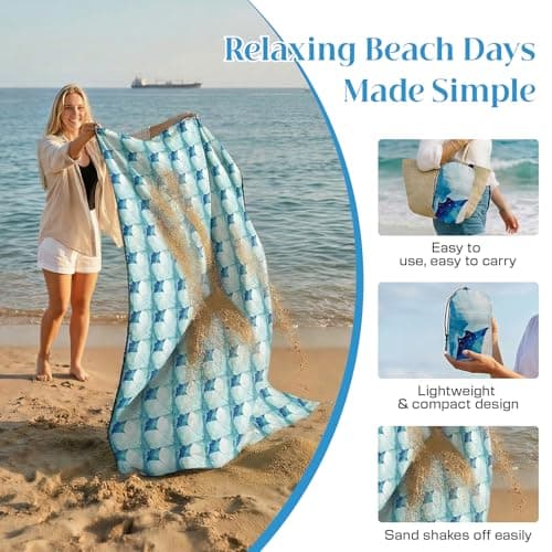 Beach Blanket Sandproof Waterproof, 213 x 213 cm Large Beach Mat with Stakes & Travel Bag, Lightweight,Quick-Dry, Portable Picnic Mat Beach Essentials for Outdoors,Cruise,Picnic & Camping, Manta Ray — view 4