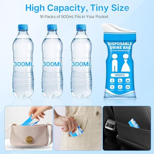 Yeria Disposable Urine Bags, 16 Pack 900ml Portable Urinal,Emergency Urine Bags for Men and Women,Travel Leak-Proof Pee Bags for Car, Camping, Outdoor — view 6