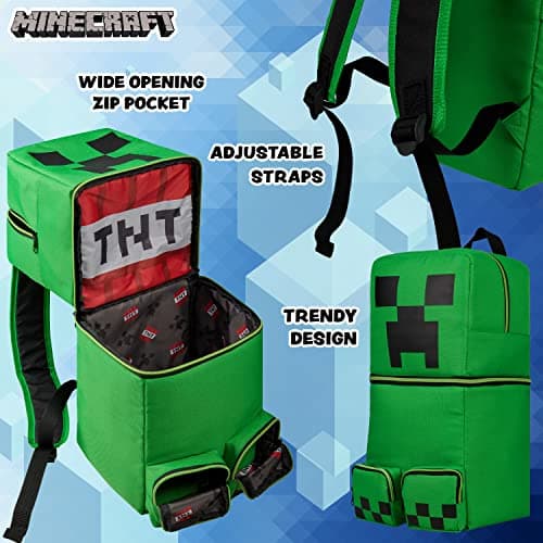 Minecraft Children’s Backpacks for Boys Creeper Rucksack School Bag with Zipped Pockets Adjustable Straps Kids Backpack Travel Sports Gamer Gifts for Boys (Green 3D, 46x21x18.5cm) — view 5