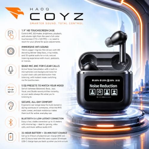 Wireless Earbuds Bluetooth 5.4, ANC Active Noise Cancelling Earphones with 1.9" Smart Touch Screen Charging Case, IPX5 Waterproof HiFi Deep Bass Headphones, 32H Playtime, for iPhone & Android — view 2