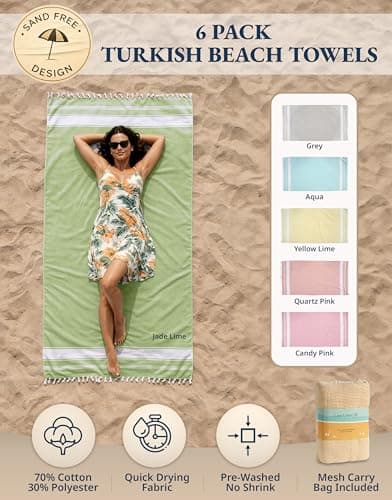 LANE LINEN Turkish Towels Set of 6, Cotton Rich Beach Towels Oversized, Pre-Washed Pool Towel, Extra Large Beach Towel, Sandproof Beach Towel, Absorbent Travel towel,39"x71" - Multi Colors — view 2