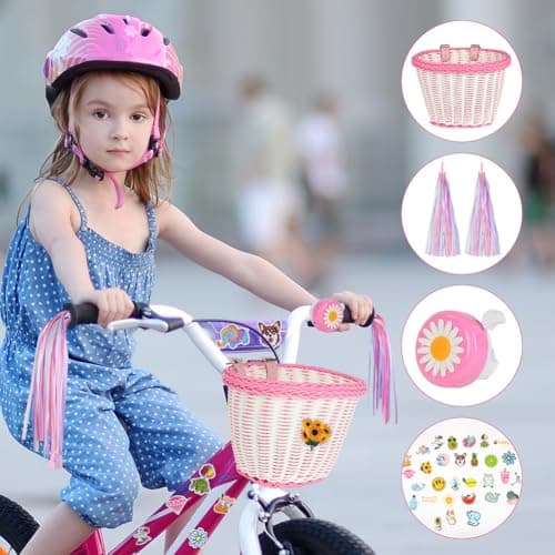 Flintronic Kids Bike Basket Handwoven Cycle Basket for Kids, Bicycle Basket For Girls Boys Childs, with Bike Accessories - Pink&White — view 6