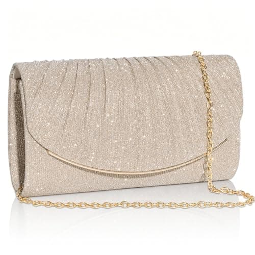Toptime Champagne Gold Clutch Bags for Women, Envelope Pleated Women's Clutches Evening Bag, Sequins Prom Bag with Detachable Chain, Elegant Cross Body Small Handbag for Wedding Bridal Dinner Party