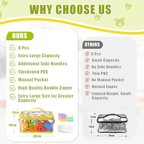 8 Packs Extra Large Toy Storage Bags with Labels, Reusable Clear PVC Board Game Storage, Travel Waterproof Toy Organizer Bags with Name Tag and Manual Pocket for Building Blocks, Puzzle 28*20*14cm — view 6