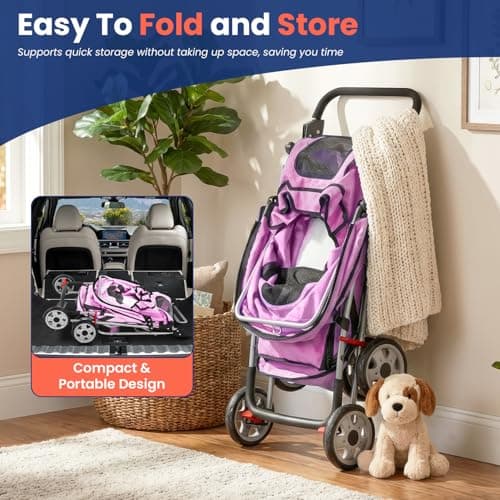 BestPet 4-Wheel Pet Stroller Dog and Cat Stroller Breathable Mesh Lightweight Travel Carrier Waterproof & Foldable Design Storage Basket for Daily Walks & Outdoor Use，Pink — view 3