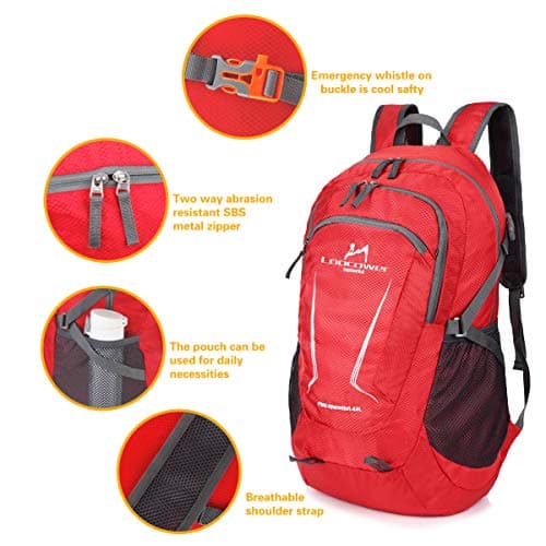 Loocower 45L Ultra Lightweight Foldable Backpack Hiking Daypack Walking Rucksack Water Resistant Packable Camping Mountaineer Outdoor Sport Knapsack for Men Women-Red — view 4
