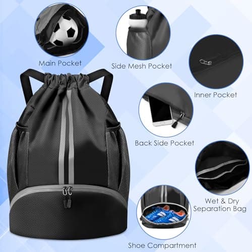 BROTOU Unisex Drawstring Backpack, Waterproof Gym Bag, Large Oxford PE Pack, Students School Backpack, Durable Sports Ball Bag, with Shoe Bag (A, Black) — view 3