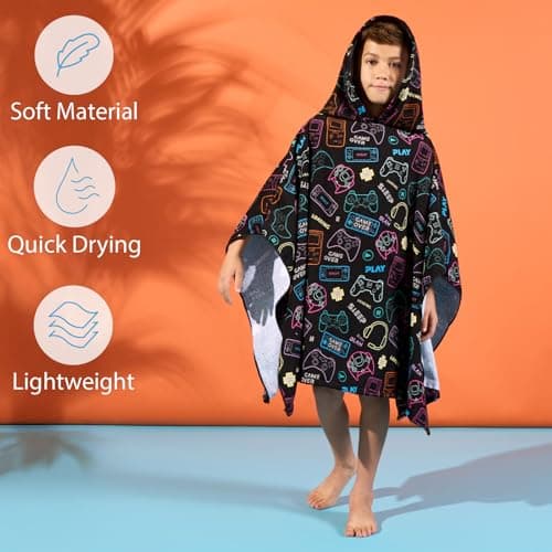 Dreamscene Hooded Towels for Kids Black, Gaming Kids Swimming Towel Beach Summer Holidays Kids Changing Robe Hooded Towel Lightweight Oversized Privacy, One Size — view 5
