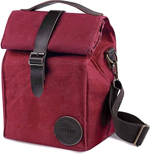 ASEBBO Insulated Lunch Bag for Men, Women - 10L Waxed Canvas Cool Bag with Genuine Leather Handle and Strong Buckle Closure, Reusable Lunch Cooler Bag for Adults Work School Picnic Food (Cherry Red)