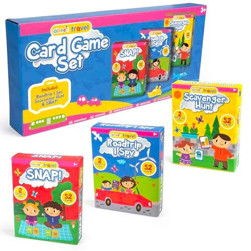abeec Travel Card Game Set – 3 Pack of Kids Card Games: SNAP, Scavenger Hunt & Roadtrip I Spy – Family Travel Games for Ages 3+ – Compact Car and Plane Activity Set for Holidays and Journeys