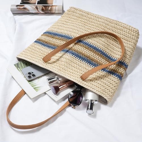 Aucuu Straw Shoulder Bag, Straw Bag for Women, Beach Bag, Large Zippered Handbag Tote Bag, Bohemian Summer Handheld Shoulder Bag for Outdoor Travel and Beach (Off White) — view 3