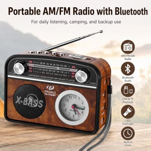 PRONLY Vintage Portable AM/FM Radio with Bluetooth, Clock & Flashlight — view 2
