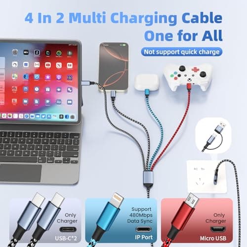 Travel 4 in 2 Multi Charging Cable, USB A/C Cable with Dual Type-C/IP/Micro USB, Travel Charger for Multiple Devices, Phone Charger Cord for iPhone 17/16/15/14, Galaxy, Android Pad, 5FT 4PCS — view 2