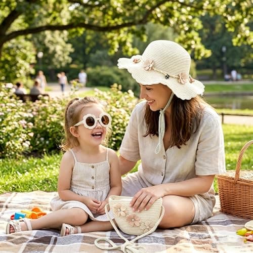Little Girls Handbag Set, Girl's Straw Bag with Flower Sunglasses&Straw Hat — view 3