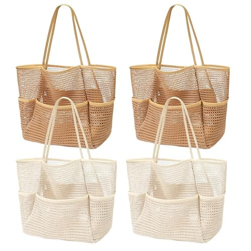 YLQQYL Beach Bag for Women, 4 Pack Large Nylon Mesh Tote with Inner Zipper Pocket, Foldable Sandproof Shoulder Handbag for Swimming Pool Travel (4, 2 Khaki+2 Beige)