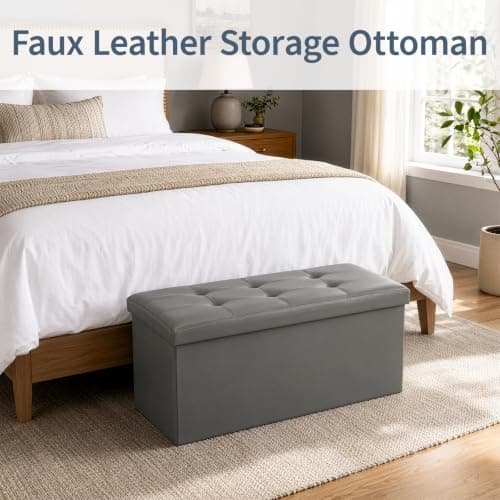 CROWNSHOP Ottoman Storage Bench Footrest Stool Seat Toy Chest Storage Box Folding with Lid Long Shoes Bench Footstool Suitable for Living Room (Dark Grey, Faux leather) — view 4