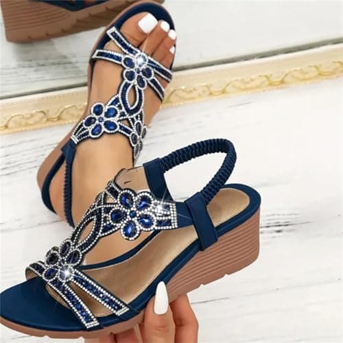 Women's Bohemian Rhinestone Wide Fit Wedge Sandals T Strap Dress Shoes Elastic Heel Strap Soft Insole Flats Non Slip Open Toe Comfortable Walking Sliders,Navy, Size 6 — view 2