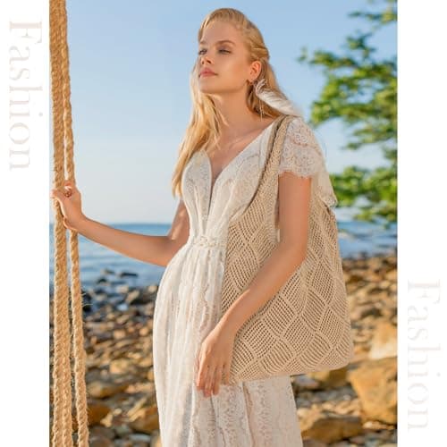 Etercycle Crochet Tote Bag, Mesh Beach Bag for Women Knit Summer Hobo Bag Vacation Boho Tote Bag (Brown) — view 3