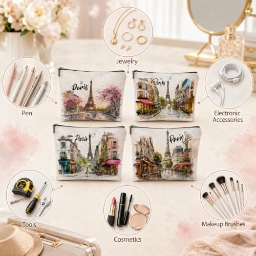 4 Pcs Paris Souvenirs Gifts, Paris Vacation Trip Travel Makeup Bag, French Gifts for Women Girls, Watercolour Graffiti Cosmetic Bags Zipper Pouch Toiletry Organizer, Christmas Birthday Gift — view 6