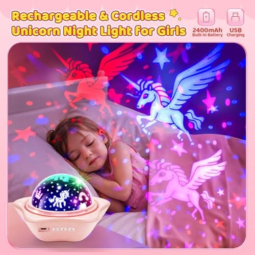 One Fire Unicorns Gifts for Girls Toys,6 Films Unicorn Night Light Projector for Bedroom,Rechargeable Night Light for Girls,360° Rotating Butterfly Lamp for Bedroom,Unicorn Toys Mermaid Princess Gifts — view 5