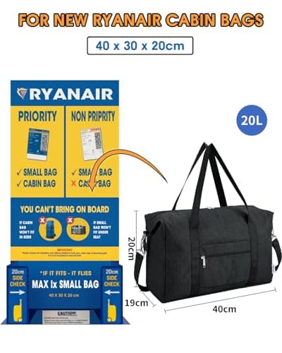 Narwey for Ryanair Cabin Bags 40X30X20 Underseat New Ryanair Small Foldable Travel Duffel Hospital Weekend Bag for Women Ryan Air Carry on Luggage Holdall Tote for Men 20L (Black) — view 2