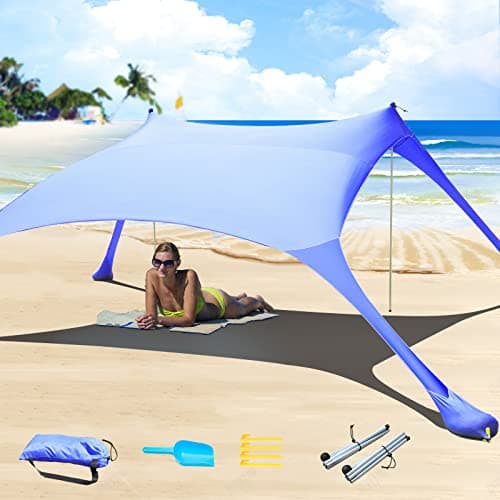 Cuupo Beach Tent Pop Up 2x2.1m UPF 50 Lycra Sun Shade Outdoor Anti-Wind Sun Protection with Stability Poles Backyard with Beach Blanket Royal Blue
