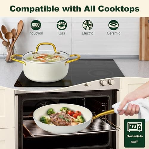 M MELENTA Pots and Pans Set Non Stick, 7-Piece Cream Induction Hob Pan Set — view 5